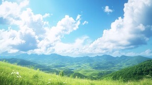 蓝天白云山脉草地背景