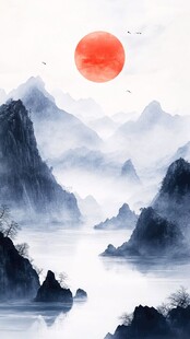 红日水墨山水