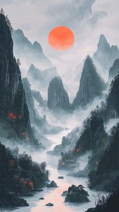 红日水墨山水