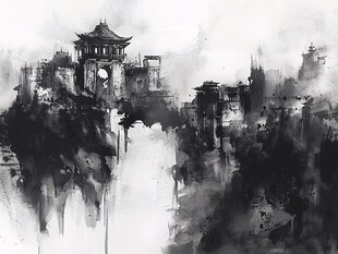 城市风光水墨画