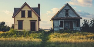 晚霞中草地木屋