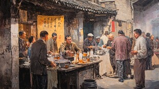 茶馆场景油画