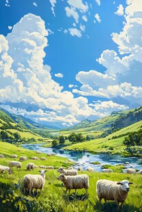 草原羊群插画