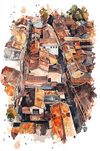 水彩古镇