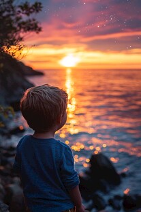 夕阳下玩耍的小男孩