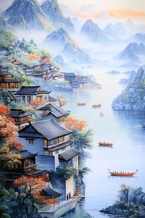 新中式山水描金楼阁画