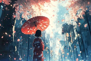 樱花树下的红雨伞