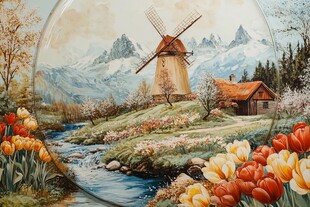 油画风景大风车油画