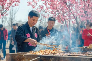 航拍桃花节现场