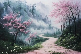 桃花风景油画