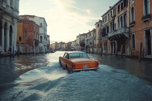 通过积水路的出租车