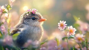 草地鲜花小鸟动物