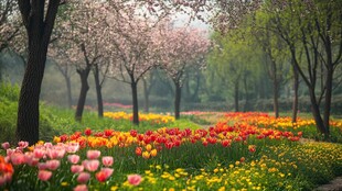 樱花树下的郁金香