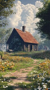 春季森林花丛木屋