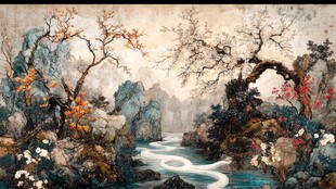 山峰山水画油画梅花鹿