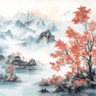 红叶古风山水画