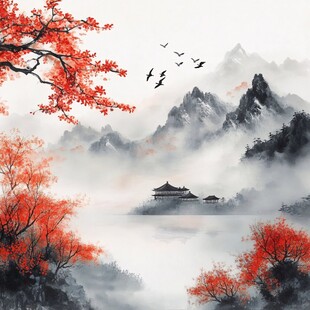 红叶古风山水画
