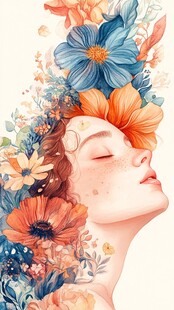 手绘抽象女人花草插画