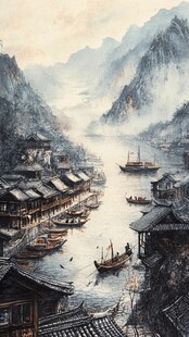 中式建筑风景油画