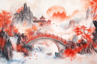 红叶古风山水画