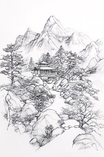 铅笔素描水墨山水