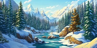 雪山森林河流图