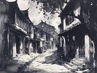 古街水彩画