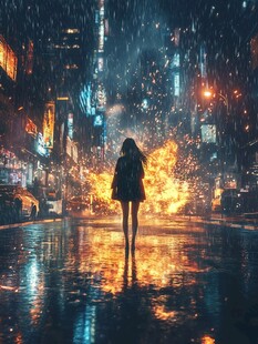 夜雨赶路的女人