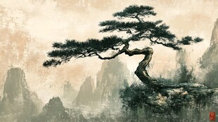 迎客松松树禅意山水