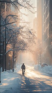 城市逆光雪景