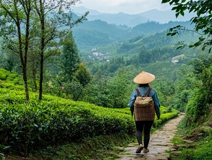 美女走在茶园小道上