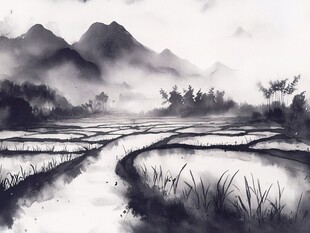 插画华南水彩水墨山水