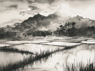 插画华南水彩水墨山水