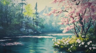 桃花风景油画