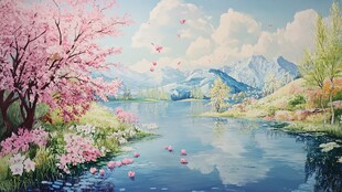 桃花风景油画