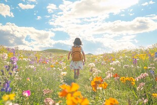 女孩穿过花田