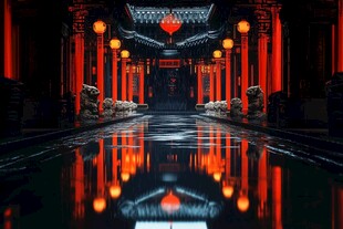 传统建筑走廊夜景