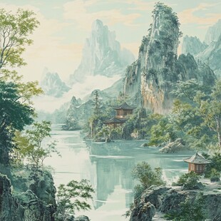 古风亭台楼阁油画