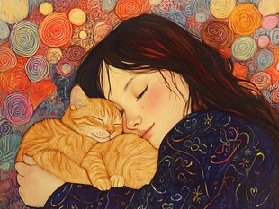 躺在猫身上的女孩插画