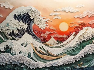 手绘海浪旭日东升