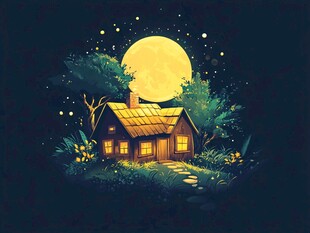 月色夜晚手绘插画