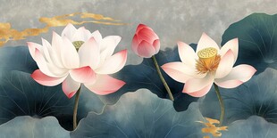 新中式大幅荷花壁画