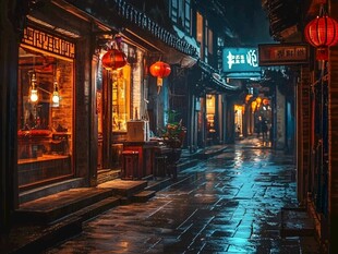 古镇店铺夜色夜景