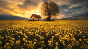 油菜花中的小屋