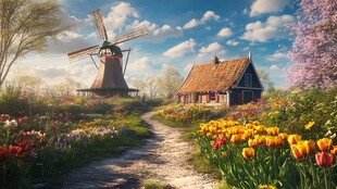 郁金香中的风车