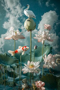 3d荷花鲤鱼圆形画