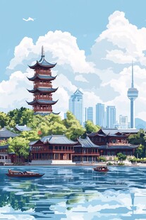 华东地区城市建筑插画
