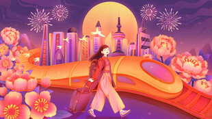 春运女孩回家过年手绘插画