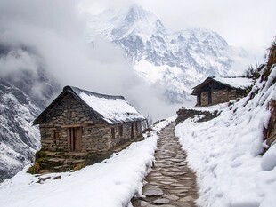 山峦小屋雪景