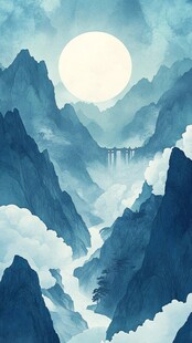 蓝色调山水画